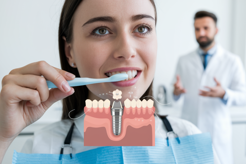 Secuencia de imágenes mostrando un implante dental en diferentes etapas del tiempo, desde su colocación hasta su estabilidad a lo largo de los años.