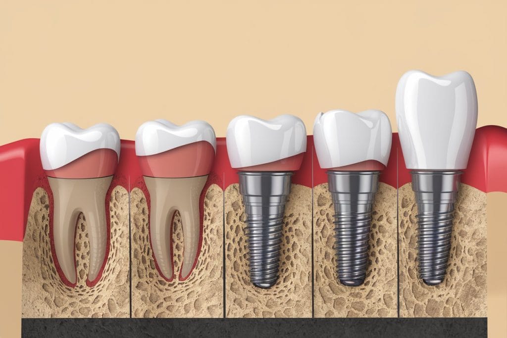 Comparación de un diente natural deteriorado con el paso del tiempo junto a un implante dental intacto, con un reloj en el fondo simbolizando la longevidad.