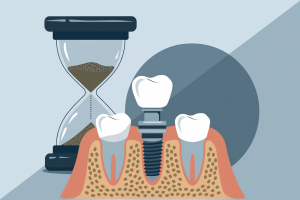 Implante dental con un reloj de arena en el fondo, representando su resistencia con el paso del tiempo.