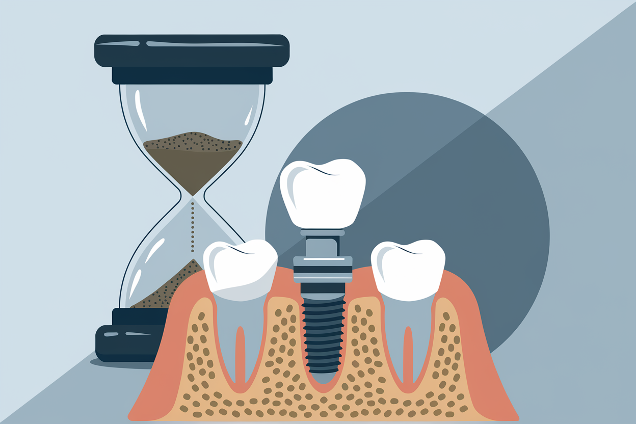 Implante dental con un reloj de arena en el fondo, representando su resistencia con el paso del tiempo.