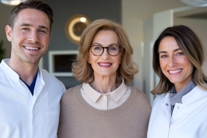 Paciente con fibromialgia en una consulta odontológica, recibiendo asesoramiento sobre implantes dentales en una clínica moderna.