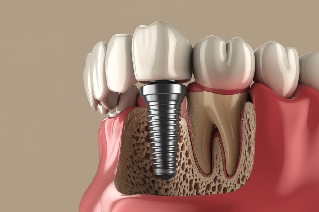 Imagen realista de un implante dental de titanio integrado en la mandíbula de un paciente con fibromialgia, resaltando la osteointegración.