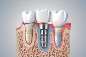 Ilustración médica mostrando la estructura de un implante dental con tornillo en el hueso maxilar, resaltando su integración y soporte.