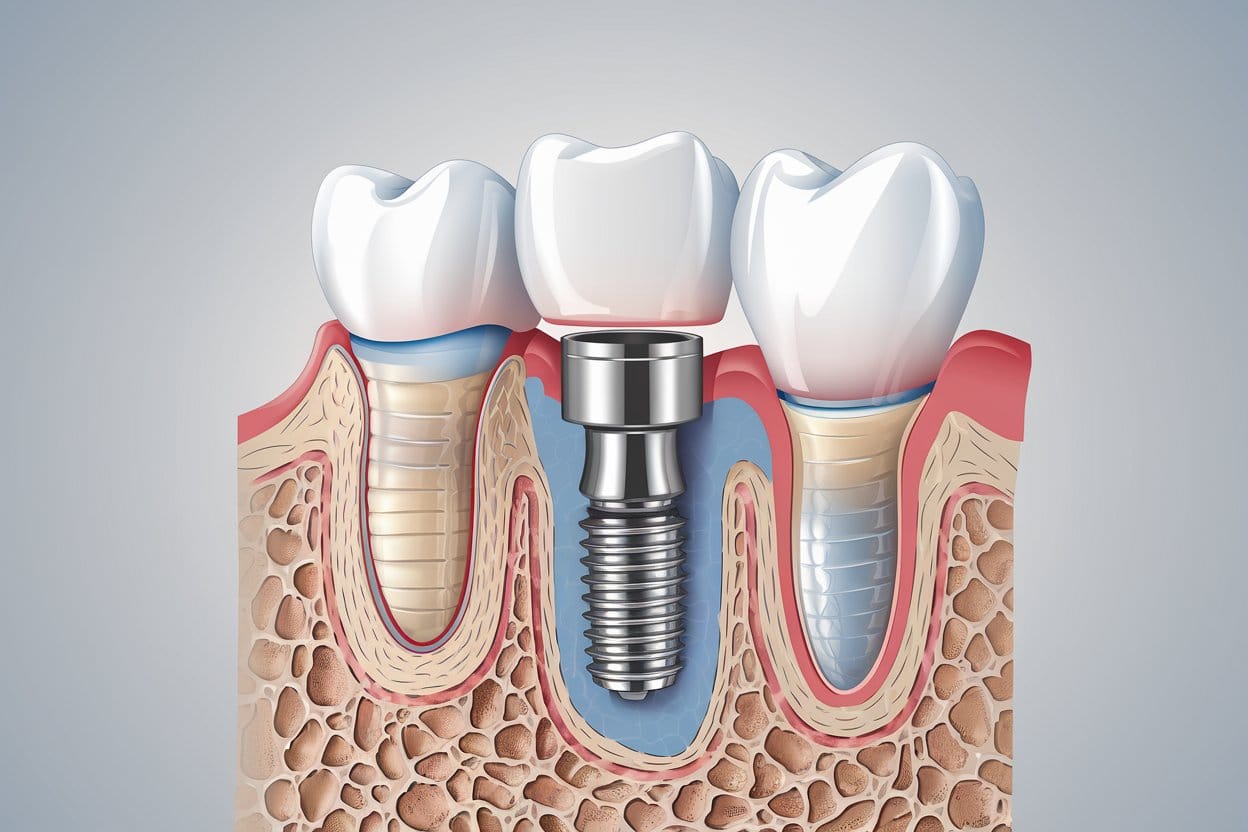 Ilustración médica mostrando la estructura de un implante dental con tornillo en el hueso maxilar, resaltando su integración y soporte.
