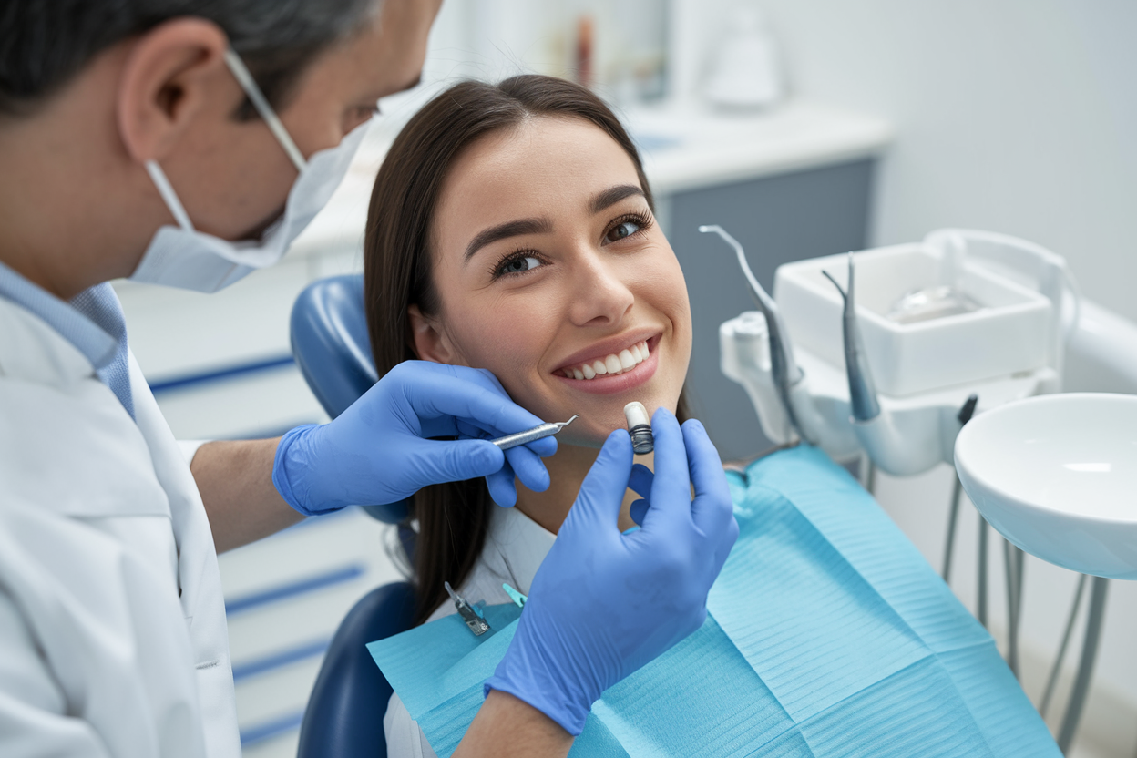 Representación de la osteointegración de un implante dental con tornillo, mostrando la fusión progresiva del hueso con la estructura de titanio.
