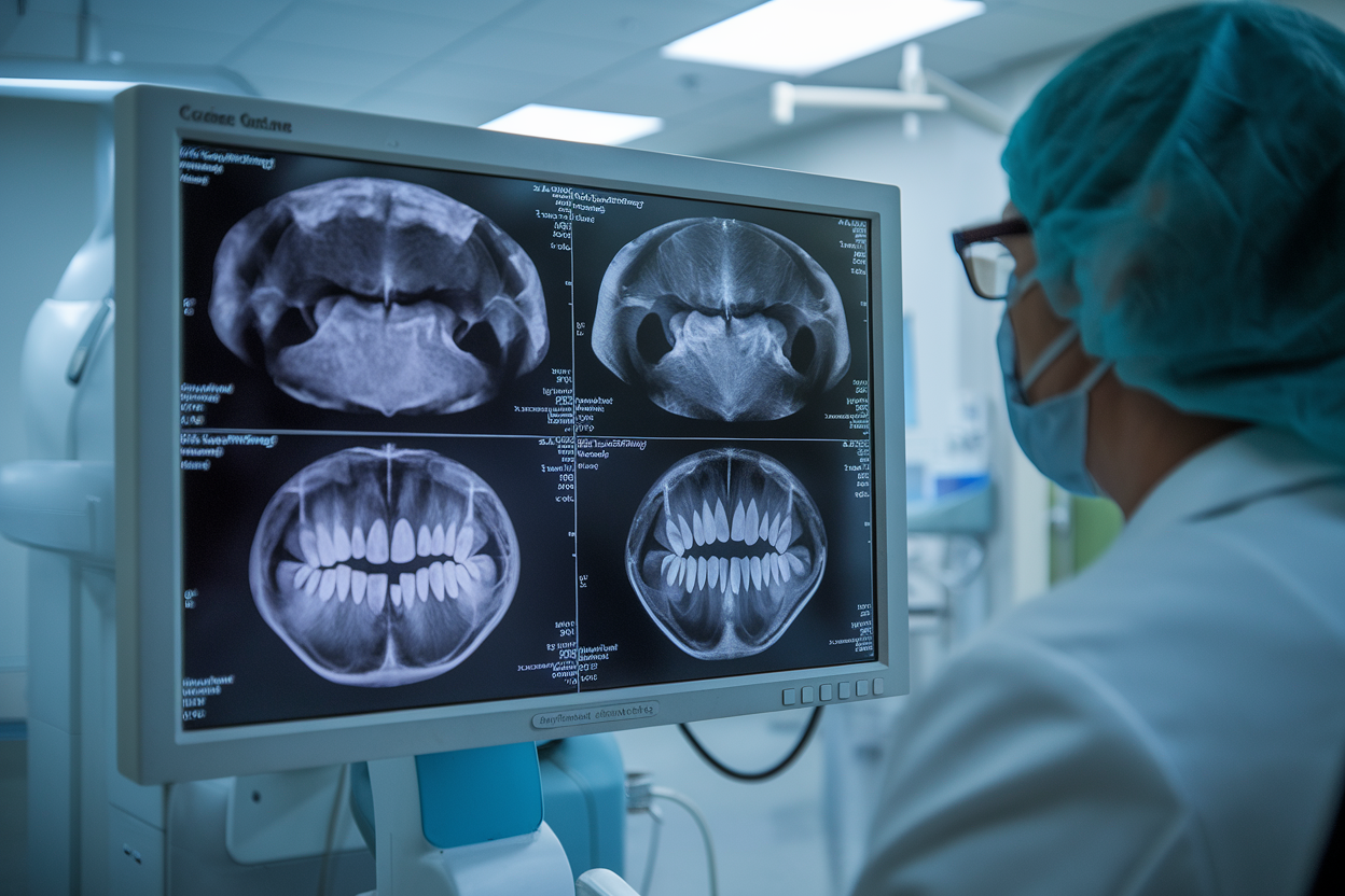 Radiólogo revisando en un monitor imágenes de resonancia magnética de un paciente con implantes dentales.