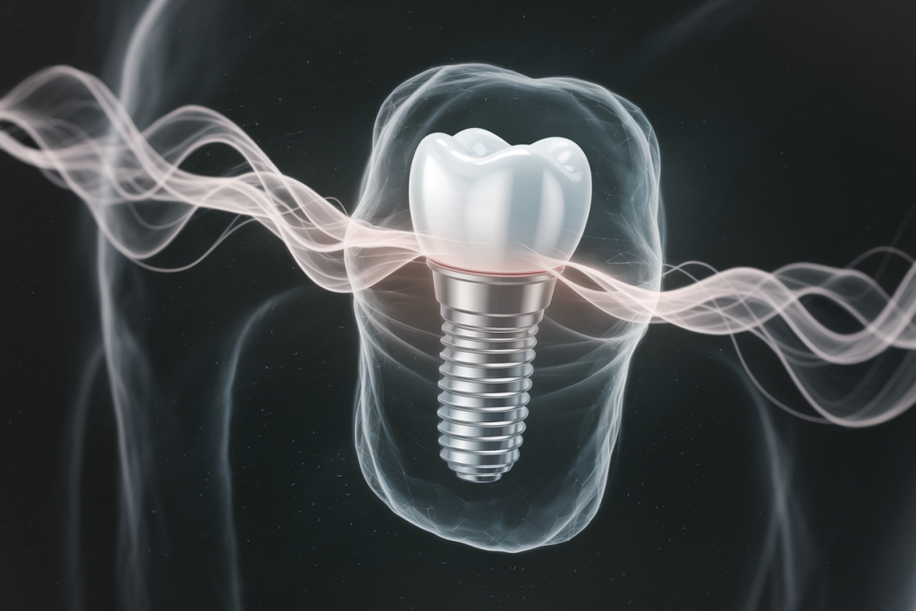 Paciente dentro de una máquina de resonancia magnética en un hospital, con implantes dentales de titanio visibles en una transparencia médica.