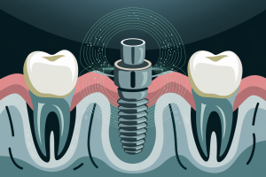 Ilustración médica mostrando la interacción de un campo magnético con un implante dental de titanio en la mandíbula.