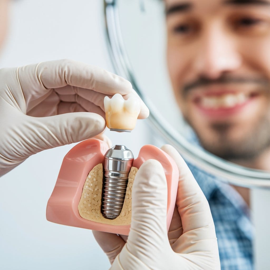 Colocación de la corona dental sobre un implante después de la osteointegración, con un paciente revisando su nueva sonrisa.