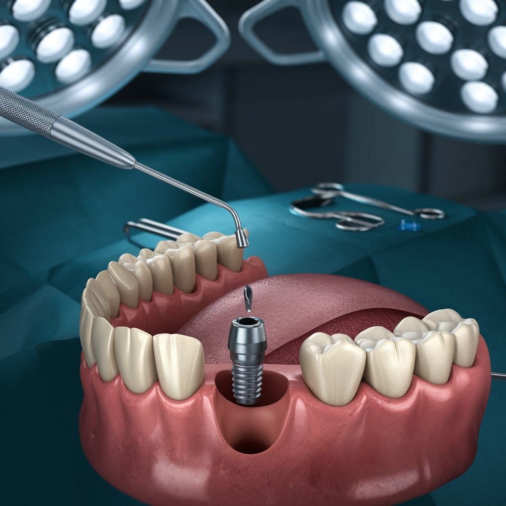 Cirugía para la colocación de implantes dentales con incisión en la encía e inserción del tornillo de titanio en el hueso maxilar.