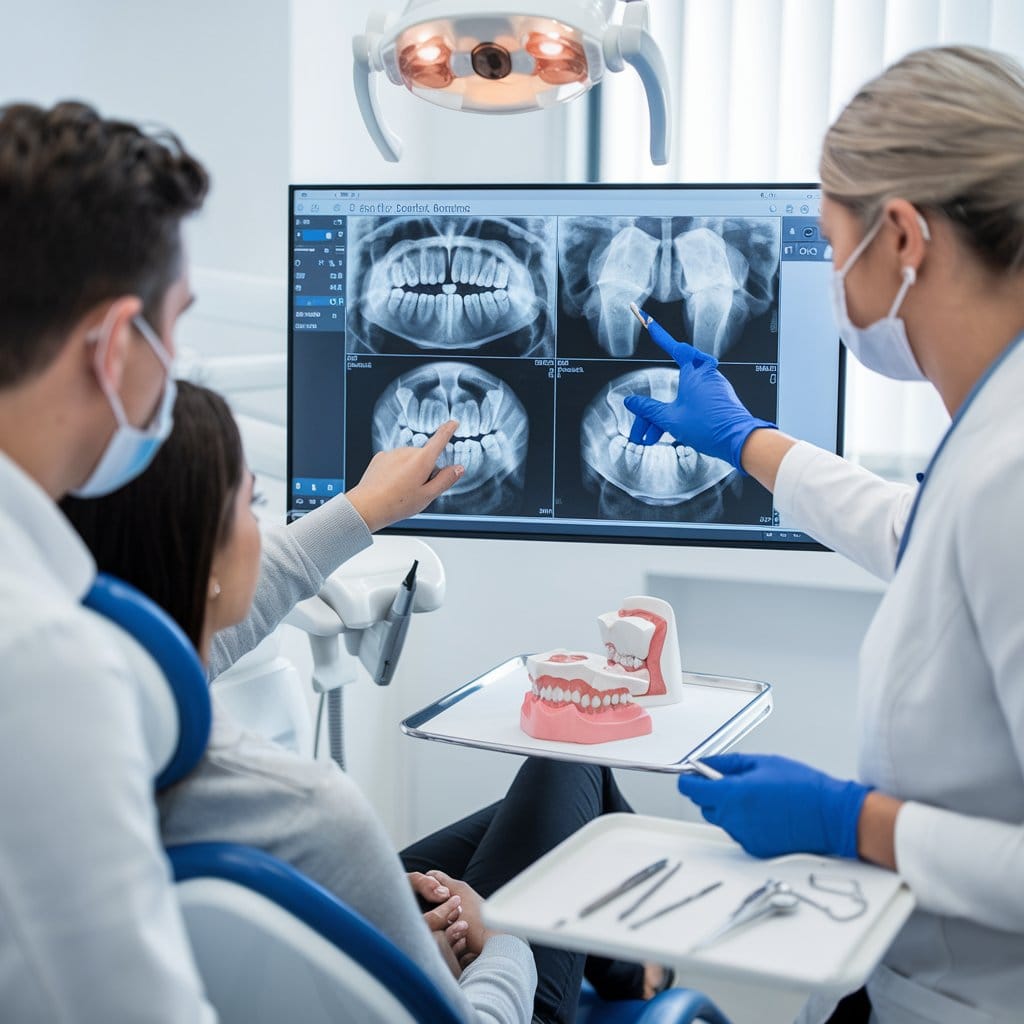 Evaluación inicial antes de la colocación de implantes dentales, con un dentista revisando radiografías y planificación del tratamiento.