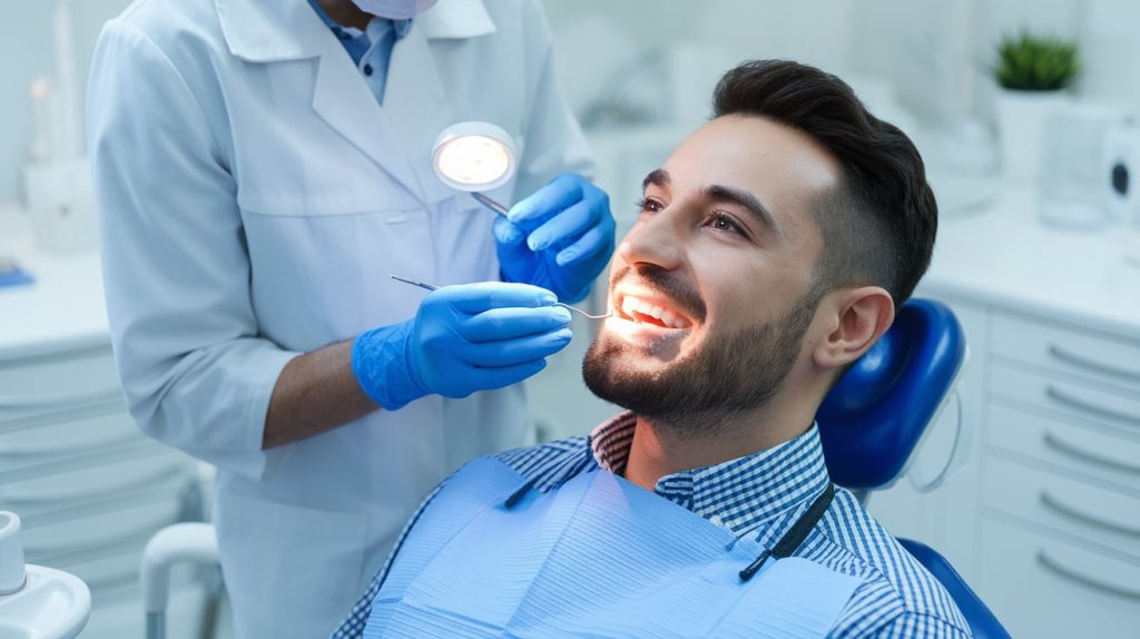 Odontólogo aplicando carillas dentales a un paciente, enseñando como usar carillas dentales para mejorar la sonrisa.