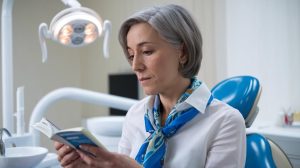 Paciente en la sala de espera de la clínica dental, aprendiendo cómo usar carillas dentales mientras consulta un folleto informativo.