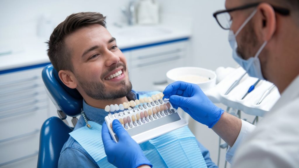 Paciente recibiendo asesoramiento sobre como usar carillas dentales, eligiendo el tono más adecuado para su sonrisa.