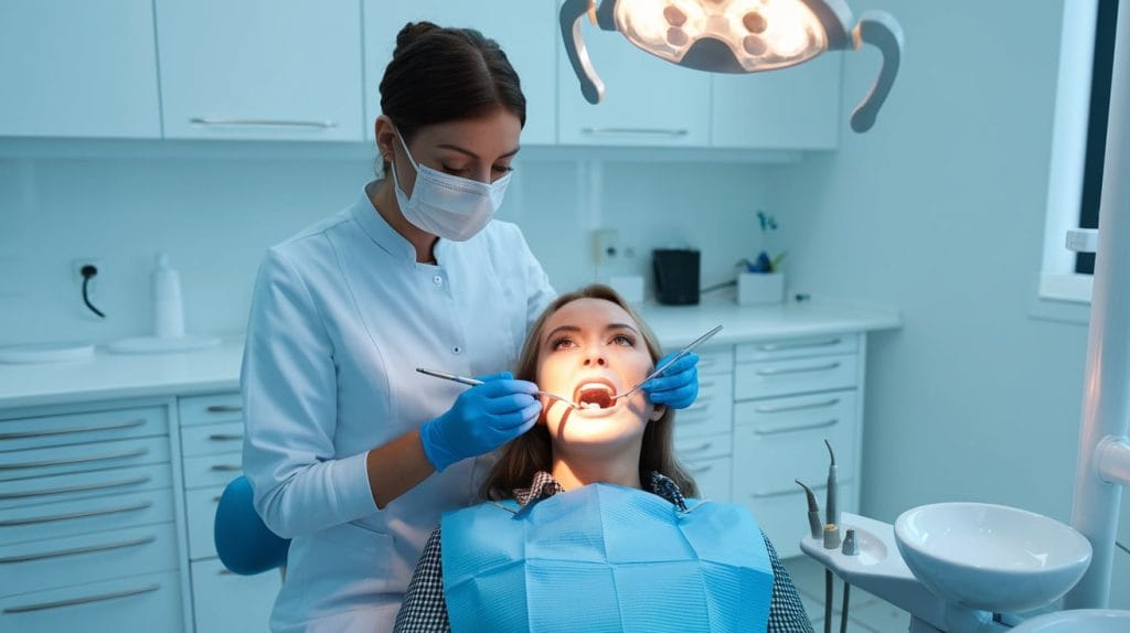 Dentista aplicando tratamiento a paciente para carillas dentales, asegurando que las carillas dentales duren toda la vida con técnicas avanzadas.