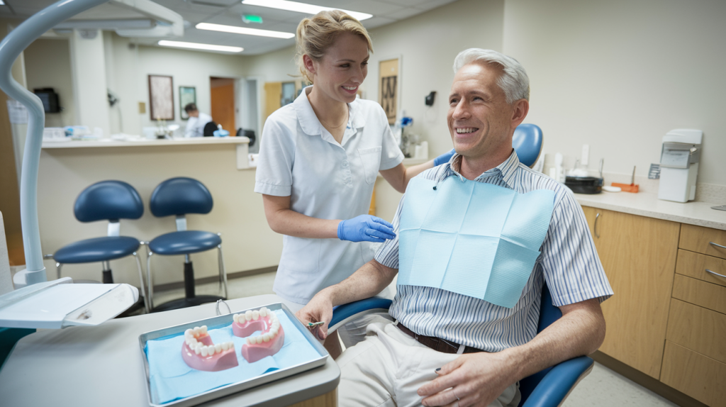 Paciente feliz con carillas dentales en su consulta, disfrutando de los beneficios de carillas que duran toda la vida.