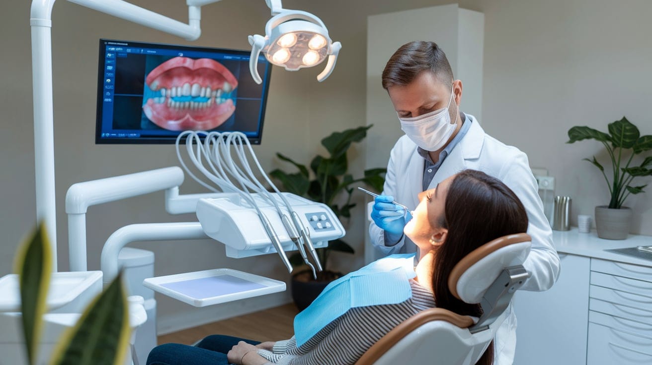 Odontólogo trabajando en una paciente para aplicar carillas dentales, asegurando que las carillas dentales duren toda la vida.