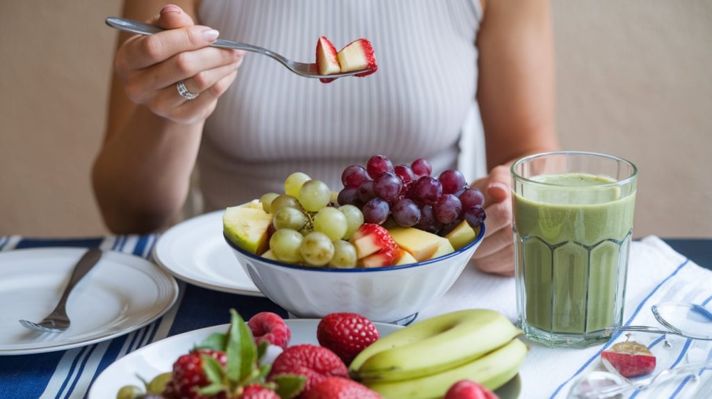 Persona comiendo frutas frescas, demostrando que se puede comer con carillas dentales alimentos suaves y saludables.