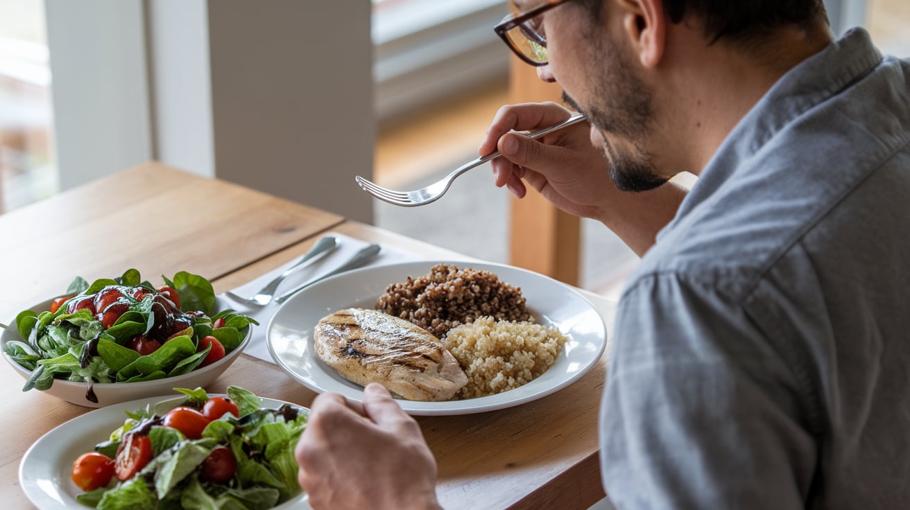 Hombre disfrutando de una comida saludable, con pollo y ensalada, demostrando que se puede comer con carillas dentales alimentos blandos y nutritivos.