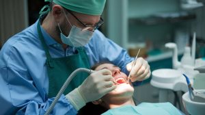 Odontólogo trabajando en la extracción de carillas dentales de composite, mostrando cómo se pueden quitar las carillas dentales sin dañar el diente.